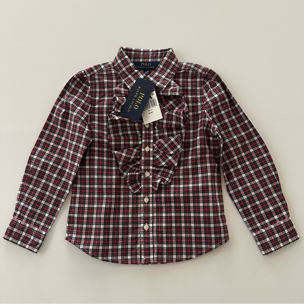 Polo Ralph Lauren 4T Toddler Girl Plaid Ruffle Shirt Holiday Christmas Red Green
